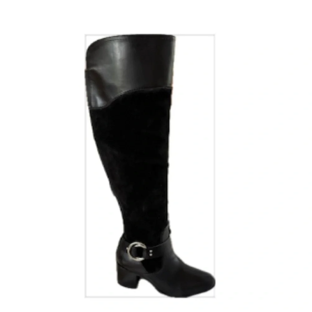 Black Knee-High Leather & Suede Riding Boots